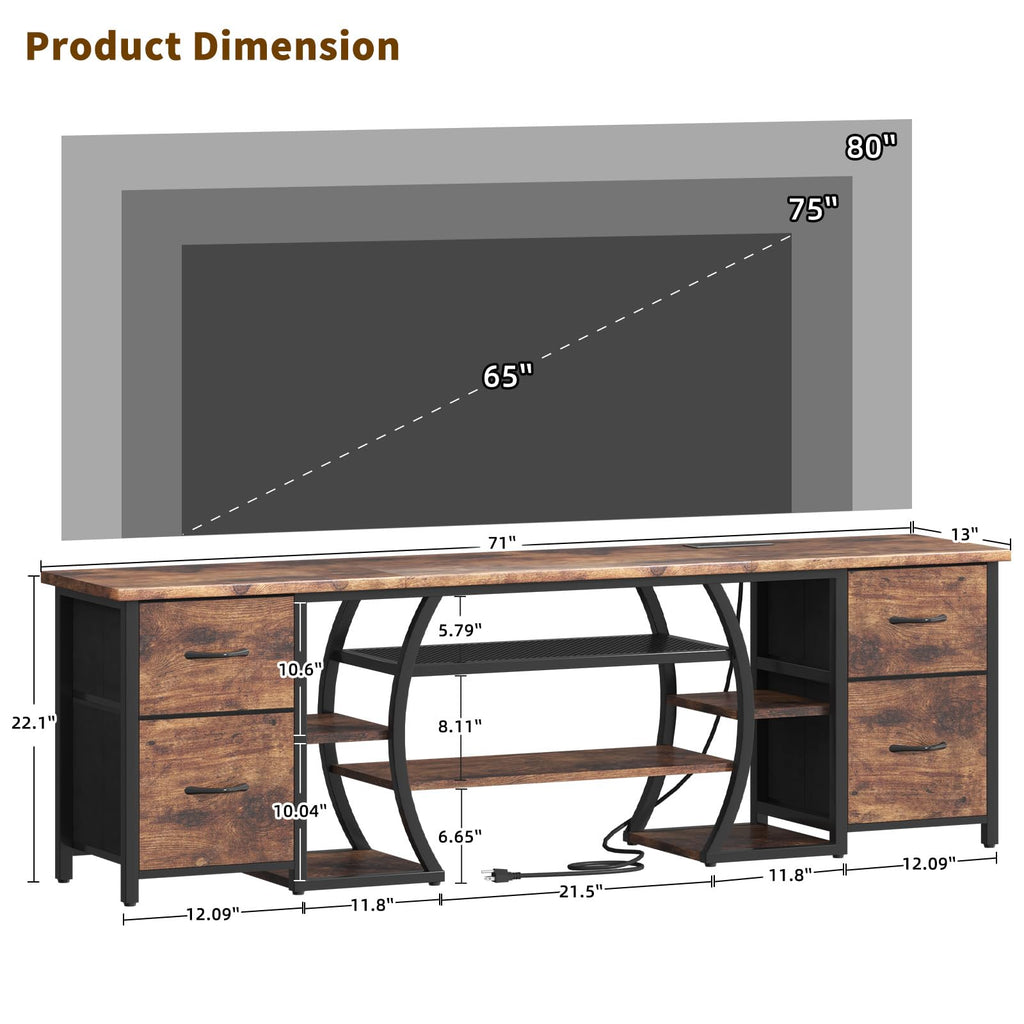 LED TV Stand for 65, 70, 80 Inch TV, 71 Inch Industrial Entertainment Center with Power Outlets, Media Console Table