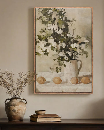 Wood Framed Canvas, Retro Lemon Floral Still Life Print
