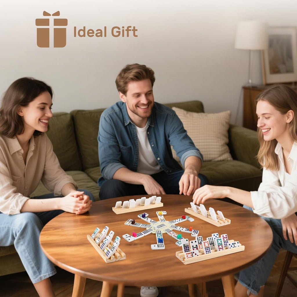 Mexican Train Dominoes Set with 4 Wooden Trays/Racks, Double 12 Dominos Travel Set with 4 Domino Tiles Holders, 91