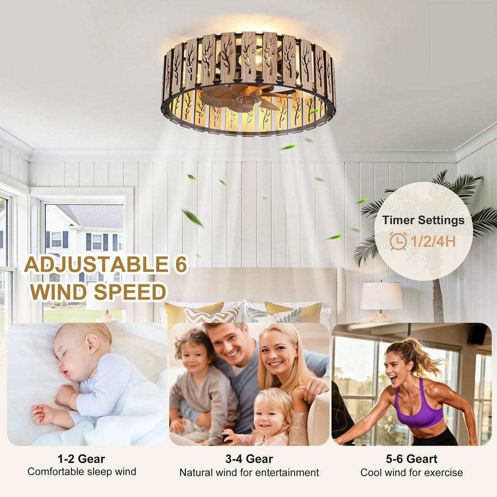 Wood Tree-Shaped Cage Ceiling Fan with Light & Remote Control, 20" Low Profile Flush Mount Fandelier, 6-Speed