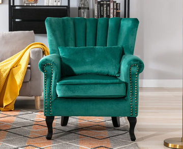 Green Accent Chair Velvet Wingback Chair with Pillow Nail-Head Channel Tufted Club Oversized Chair Bedroom Guest Room