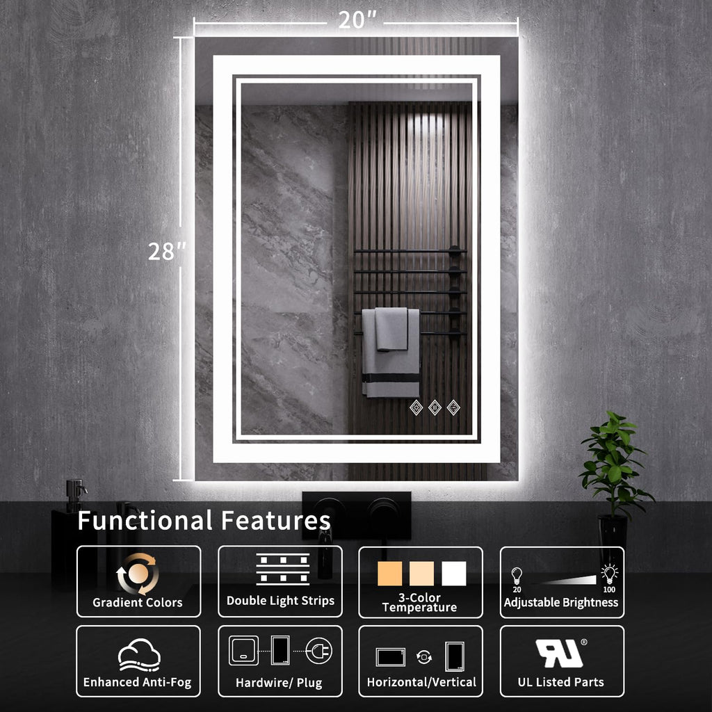 LED Mirror, 20x28 Inch Gradient Front and Backlit LED Bathroom Mirror, 3 Colors Dimmable CRI>90, IP54 Enhanced