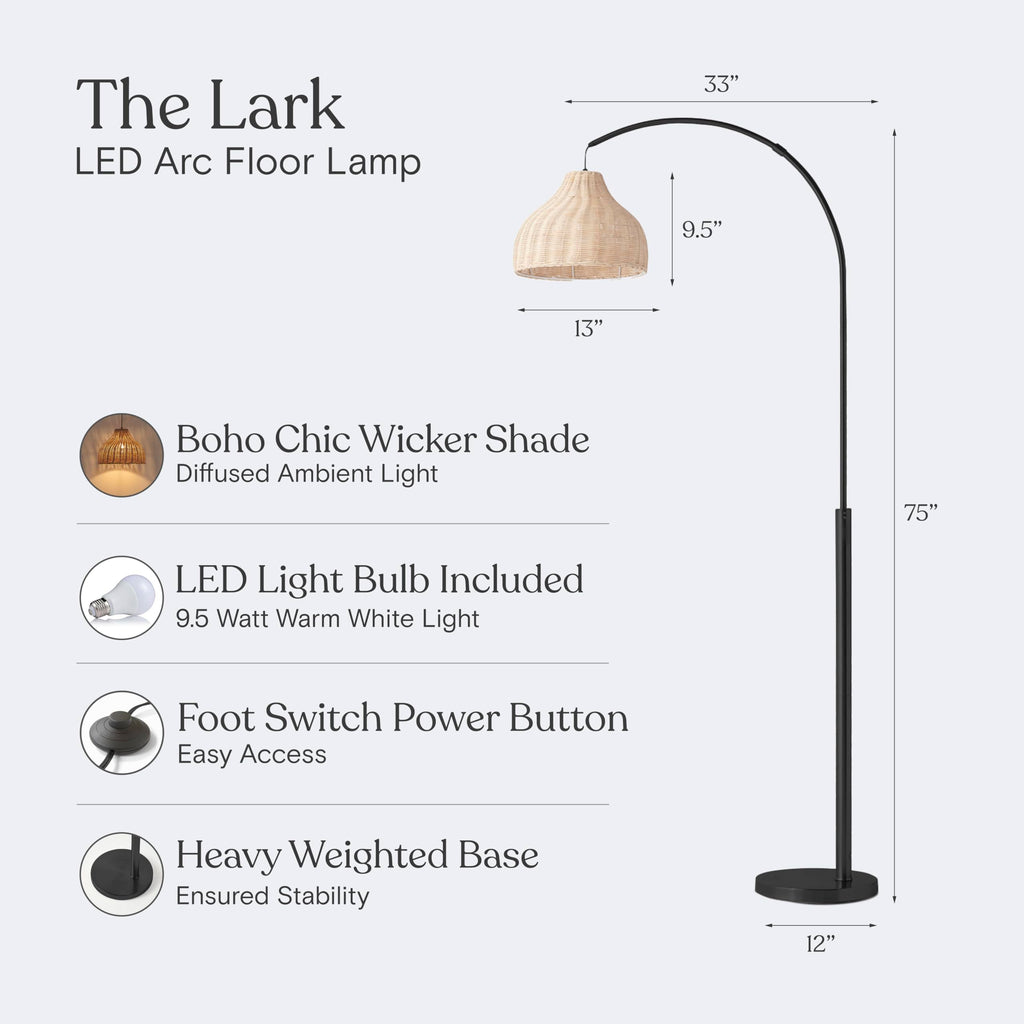 Lark Standing LED Floor Lamp - Modern Tall Corner Arc Lamp with Boho Hanging Rattan Shade - Bright Bedside Reading