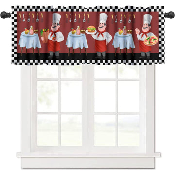 Kitchen Chef Window Valance Curtain, Knife Fork Red Black Check Plaid Tier Curtain Blackout Rod Pocket Curtain