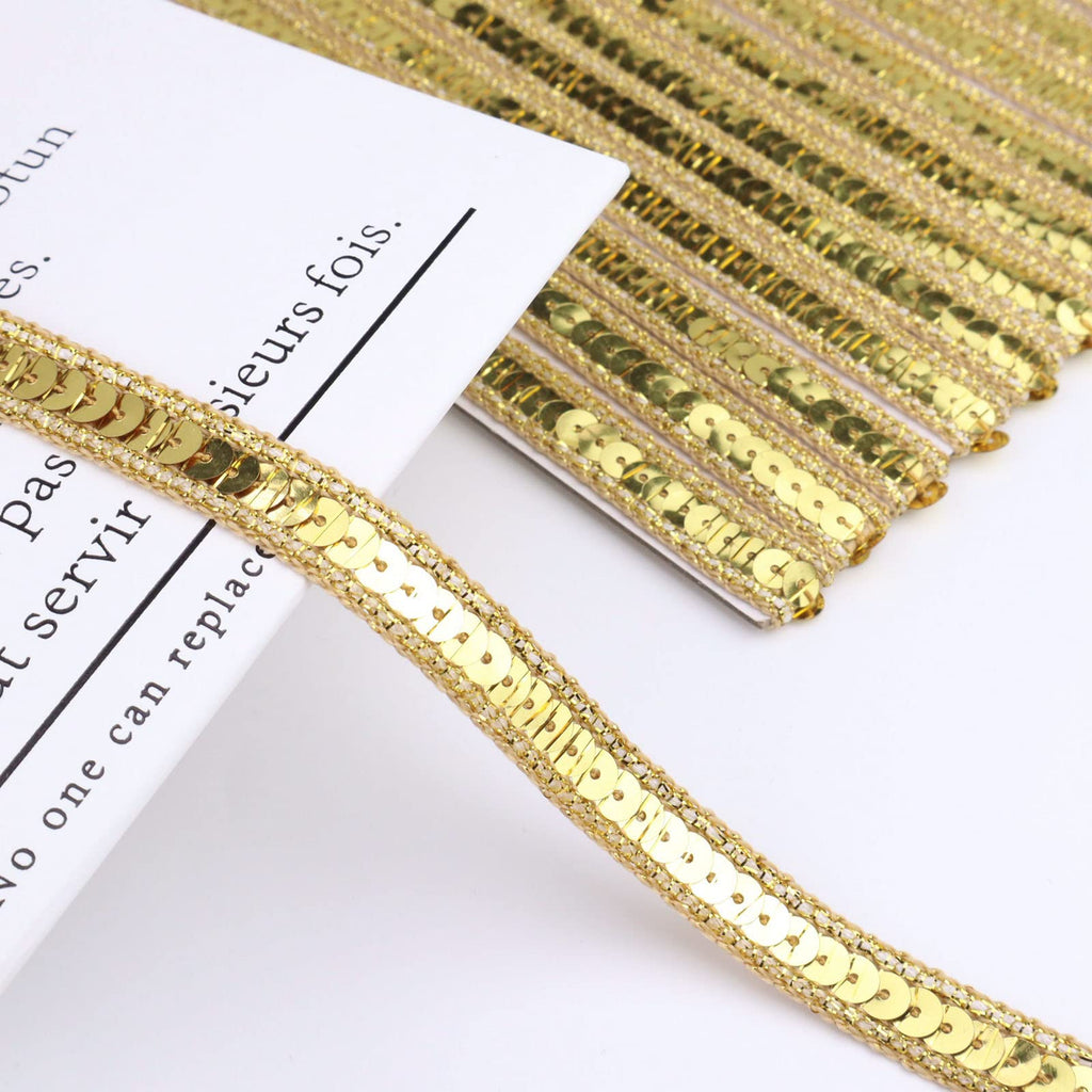 Gold Sequin Ribbon Trim Sequin Braid Trim Flat Glitter Ribbon for Sewing, 10 Yards