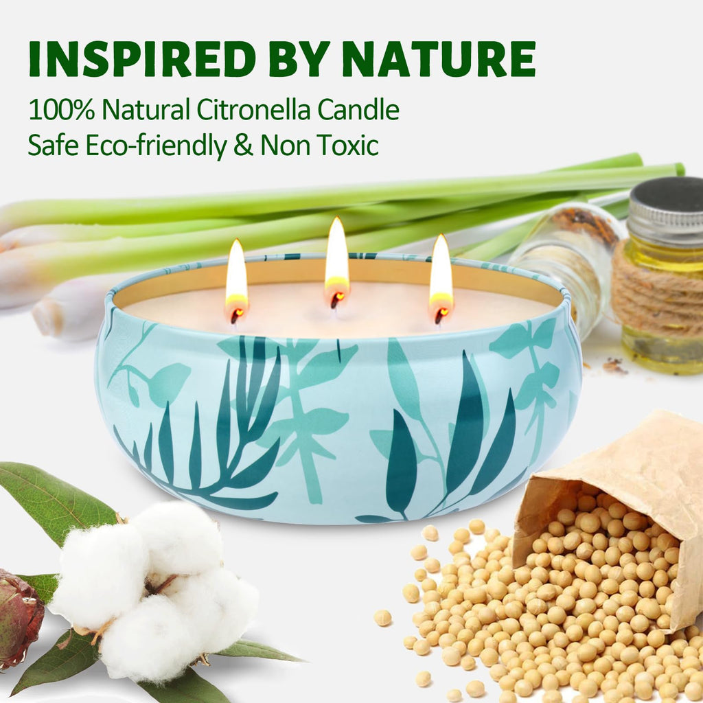 Citronella Candles Outdoor, 3-Wick Large Citronella Candles, 3 Packs Natural Soy Wax Summer Candle Set, 200 Hours