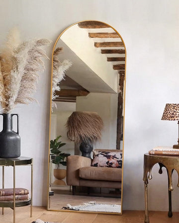 65"x22" Full Length Mirror, Arched Floor Mirror with Stand, Gold