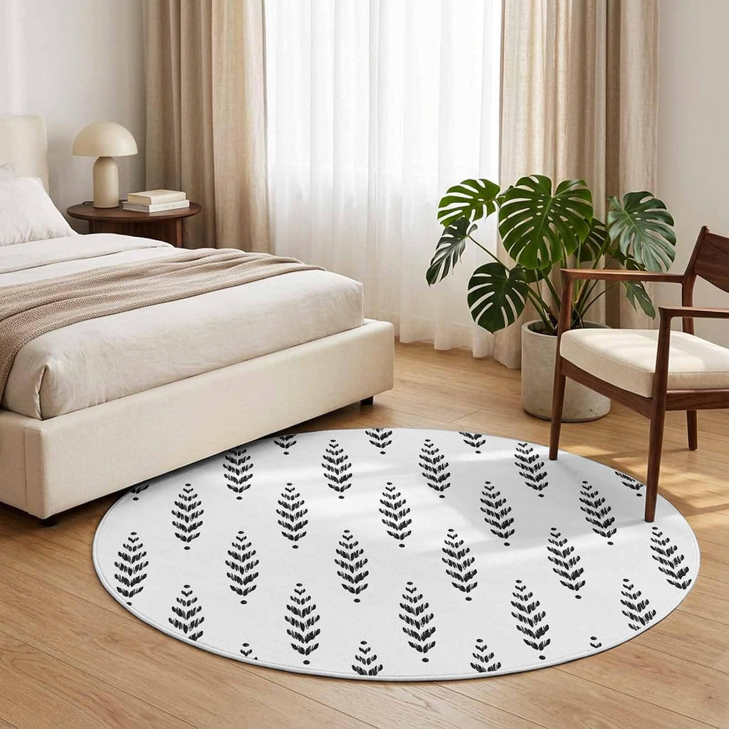 Modern Scandi Botanical Leaves 3ft Round Rug,Washable Area Rugs Minimalist Black Leaf on White Soft Circle Indoor