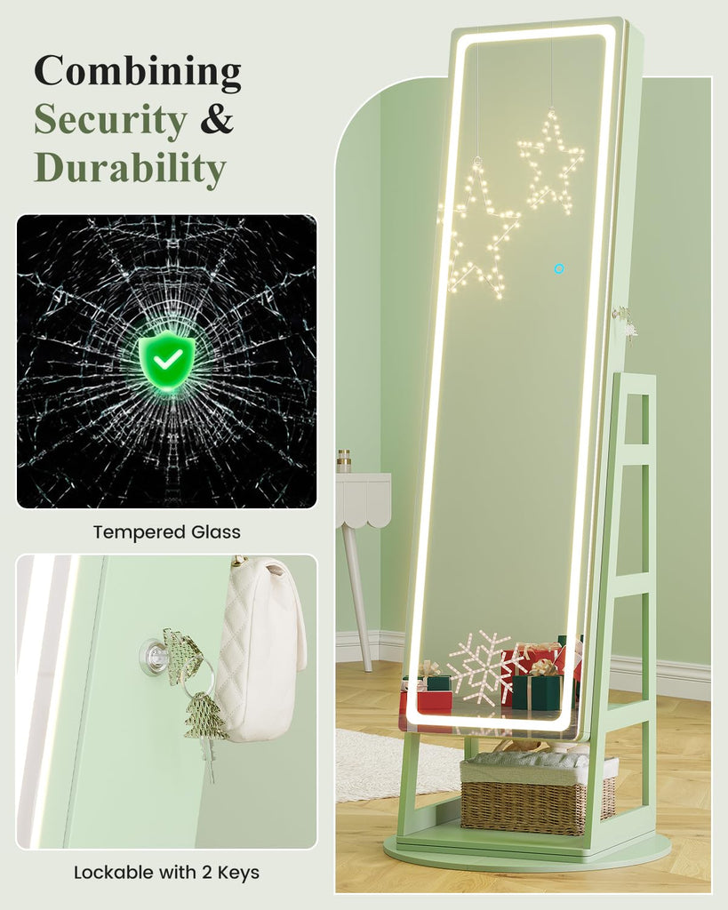Standing Jewelry Cabinet Mirror with Adjustable LED Light Green