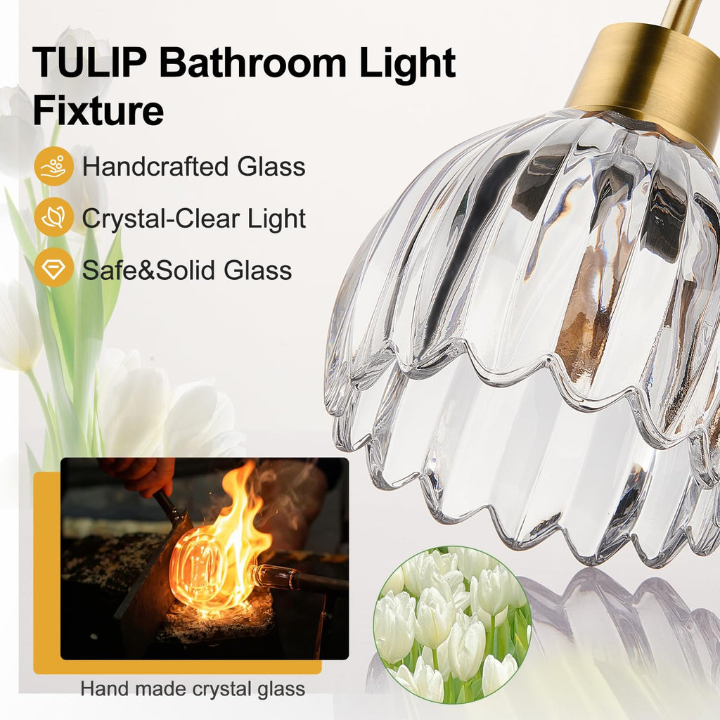 3-Light Bathroom Light Fixtures, 20" Brushed Gold Vanity Lights with Ribbed Clear Tulip Glass Shade, Vintage Wall