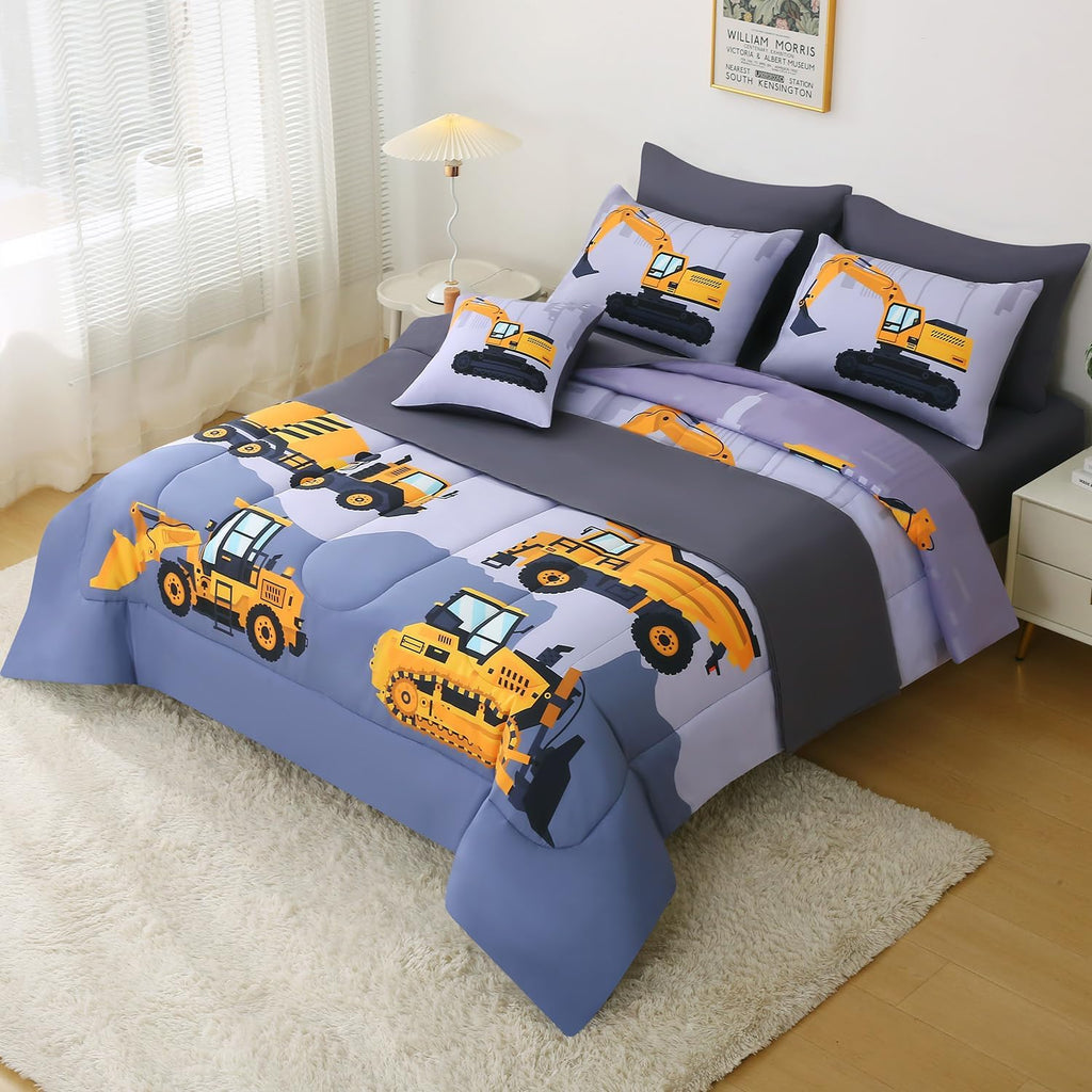 Construction Twin Bedding Sets for Boys Kids,6 Piece Bed in A Bag 3D Cartoon Car Excavator Tractor Comforter Set with