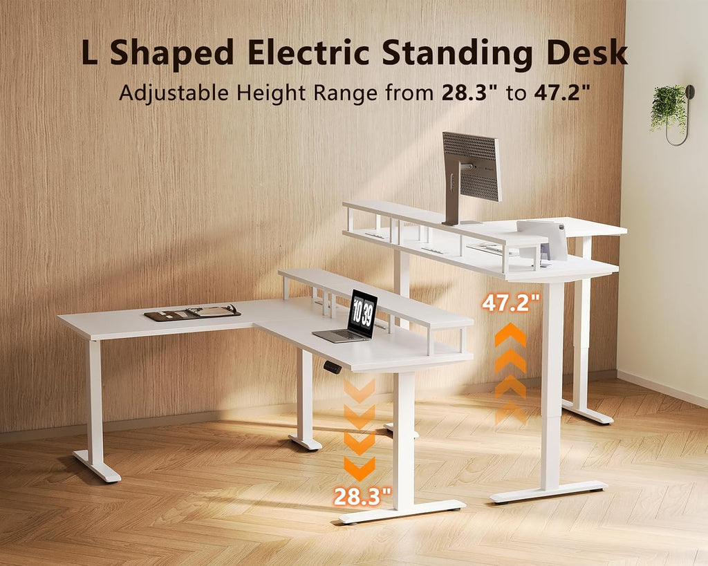 59 Inch L Shaped Electric Standing Desk, Single Monitor Stand, White | Reversible L Shaped Desk With 3 Memory