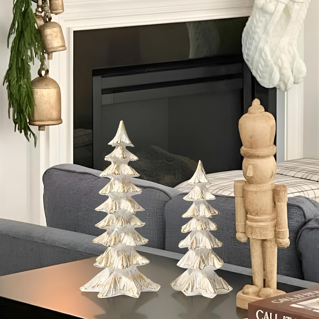 White and Gold Christmas Tree Figurines, Tabletop Decor