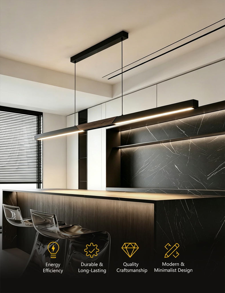 94′′ Black Linear Pendant Light - Dimmable High Output LED, Modern Black Finish with Walnut Wood Grain Accent, 8ft