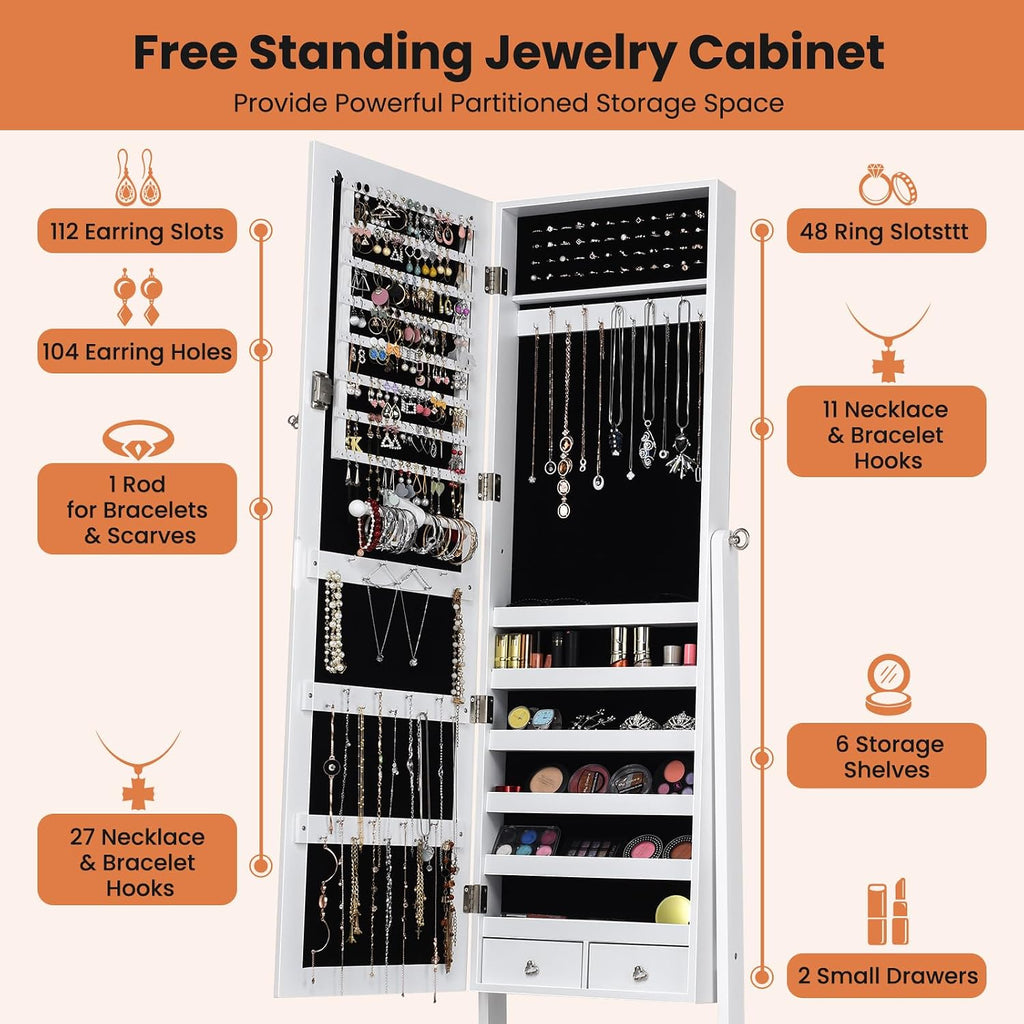Standing Mirrored Jewelry Box, Jewelry Armoire Storage Organizer Large Capacity, Wooden Mirror Jewelry Cabinet, 4