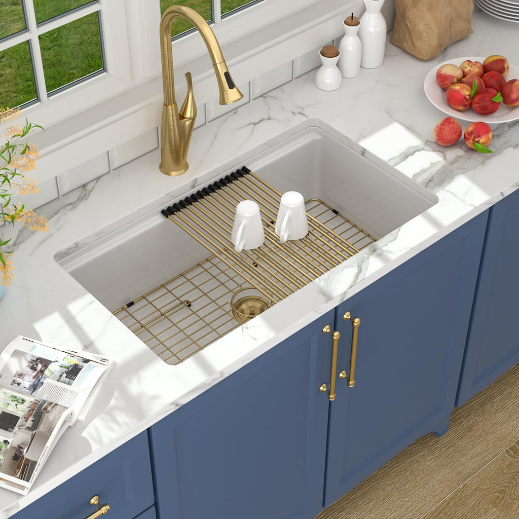 33 Inch White Kitchen Sink Fireclay Porcelain Ceramic Undermount Sinks Single Bowl Rectangular Basin Workstation with