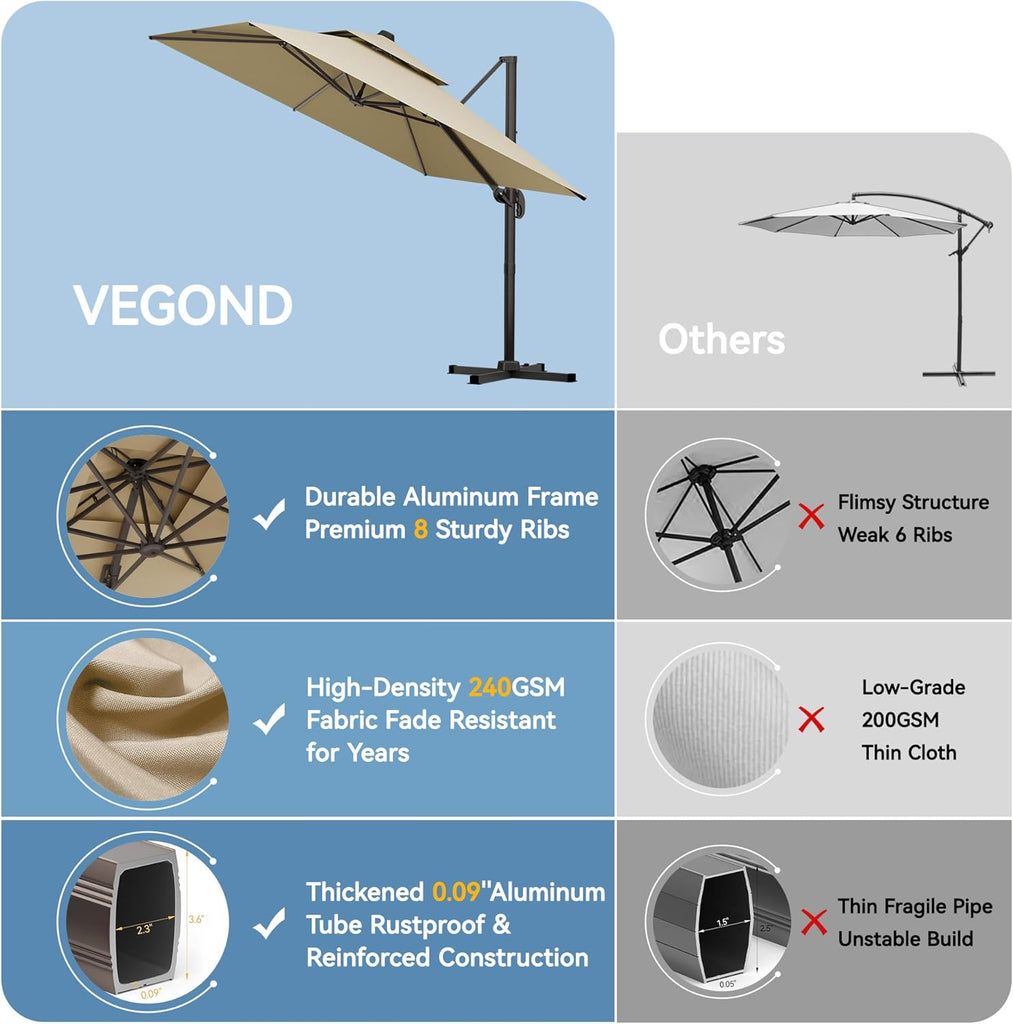 9x12 FT Patio Cantilever Umbrella with Base, Rectangular Heavy Duty Offset Umbrella for 6-8 People - Beige - 6D1G