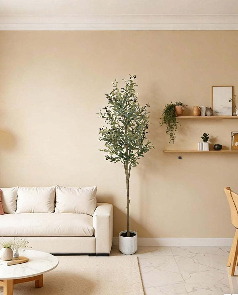 6FT Olive Trees Artificial Indoor, Faux Olive Tree with White Planter, Tall Fake Olive Silk Tree with Lifelike Wood