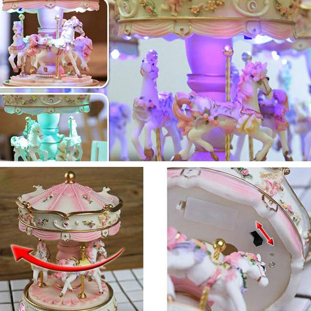 Pink Carousel Music Box with Rotating Horses and LED Light