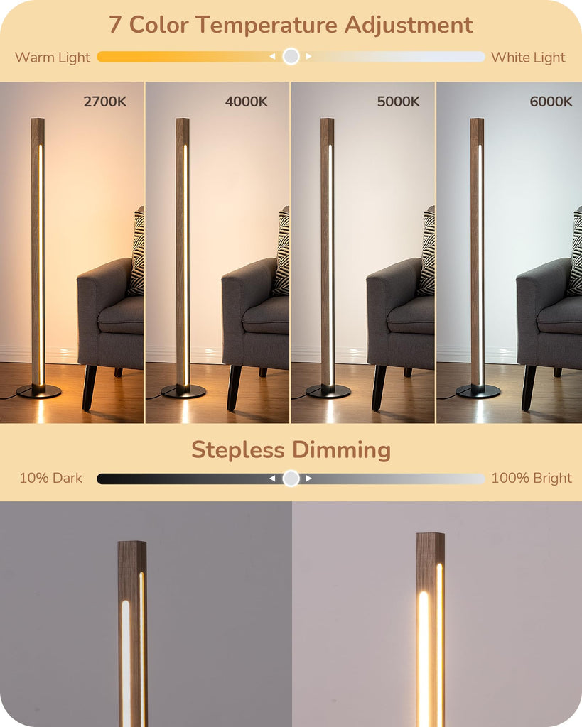 Wooden LED Floor Lamp with Remote, Dual Lighting, 7CCT & Dimmable