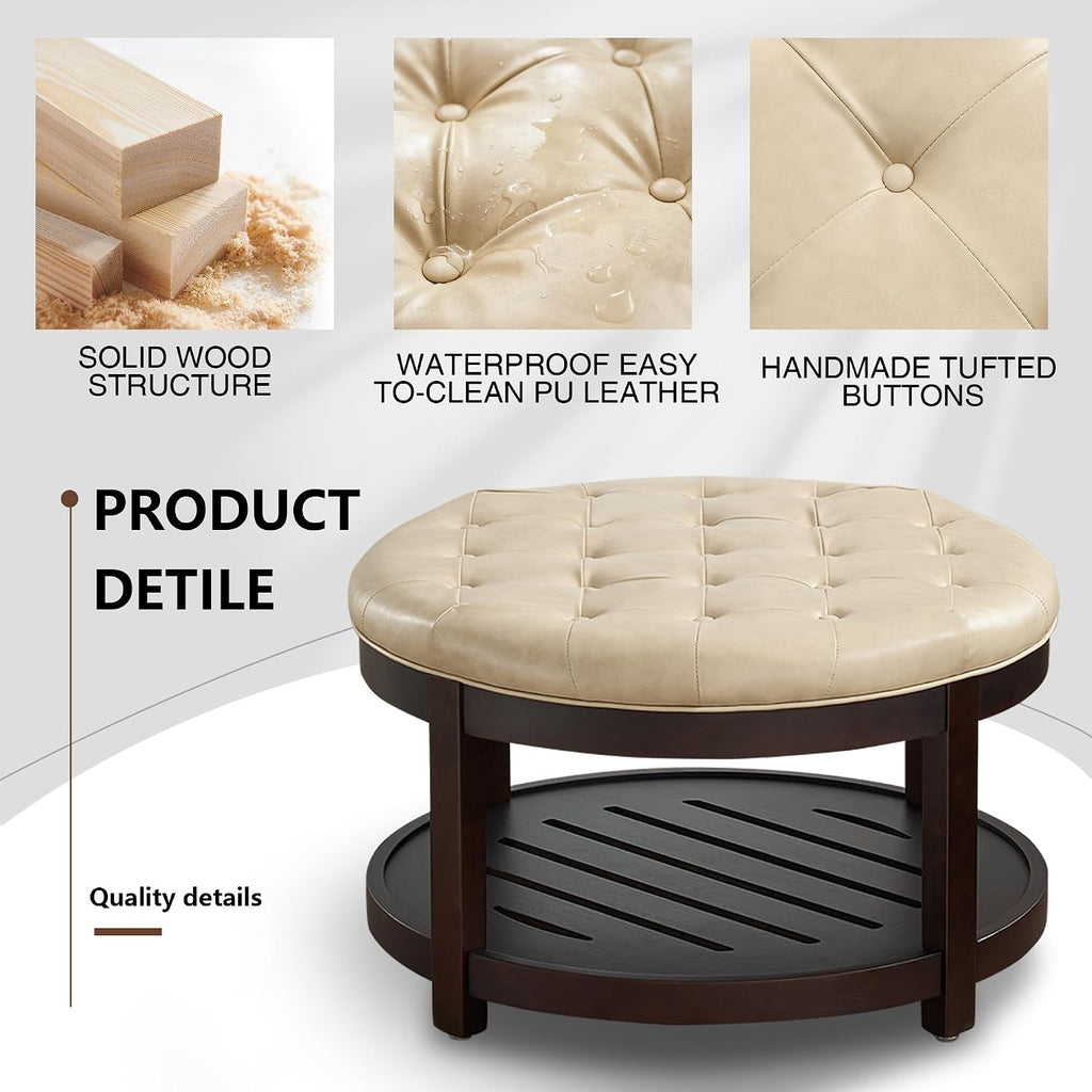 Round Coffee Tables ,33'' Storage Ottoman with Wooden Tray, Upholstered Ottoman Footrest, Ivory