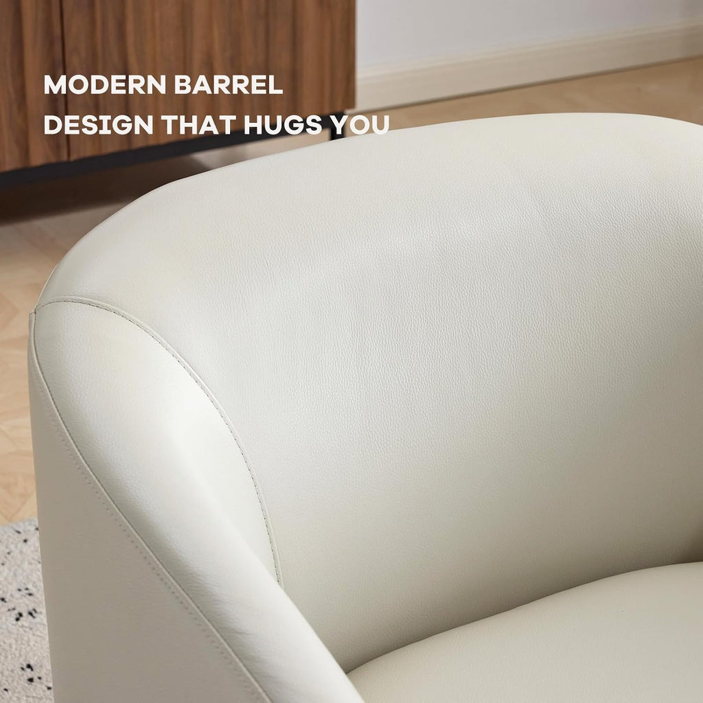 Genuine Leather Swivel Accent Chair, Barrel Chair, Soft Greige