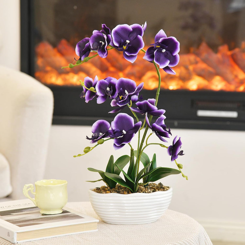 Large Silk Orchid in Wave Pot 19" Phalaenopsis Plant for Table, Deep Purple