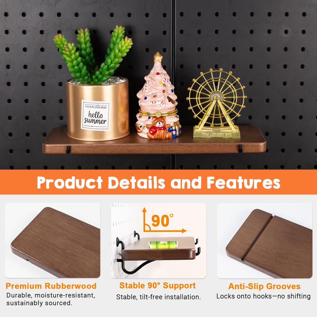 2 Pcs Walnut Finish Wooden Pegboard Shelf for 1/4" Metal Pegboard
