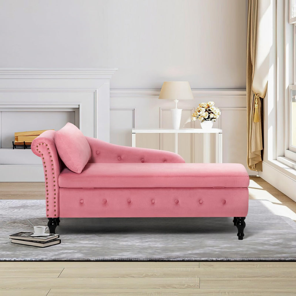 Velvet Chaise Lounge w/Left Armrest & Storage Space, Pink