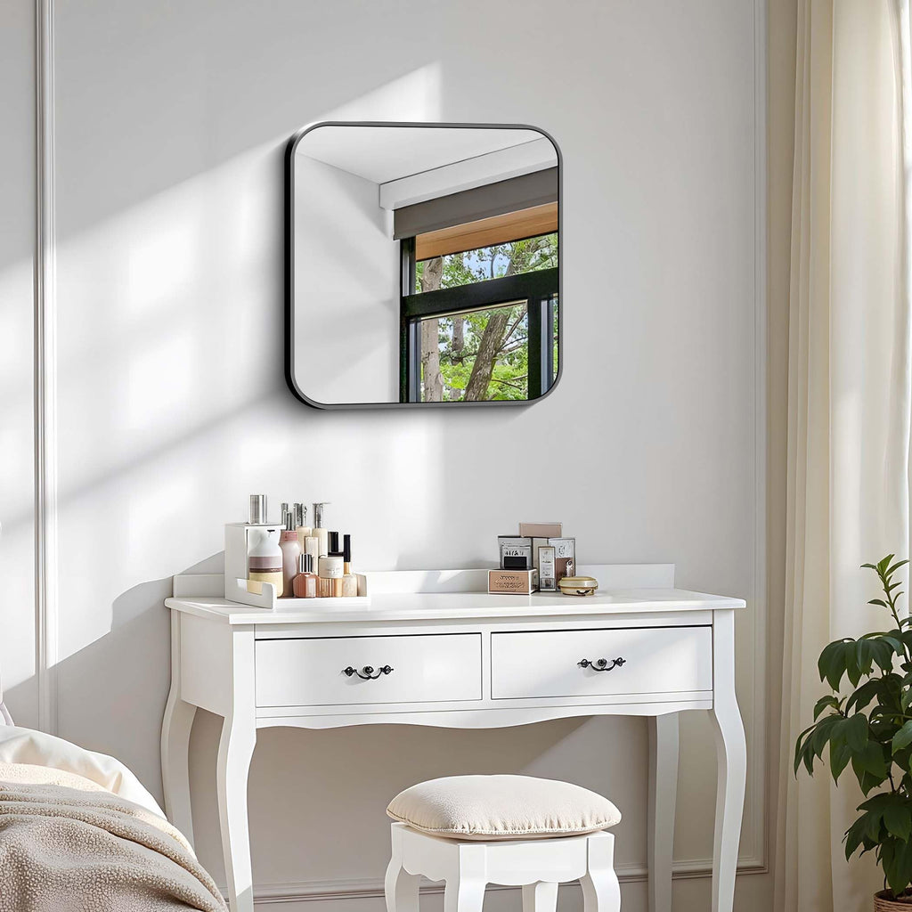 Black Bathroom Mirror, 18 x 18 inch Square Mirrors for Wall, Metal Frame Rounded Corner Vanity Mirror for Over Sinks