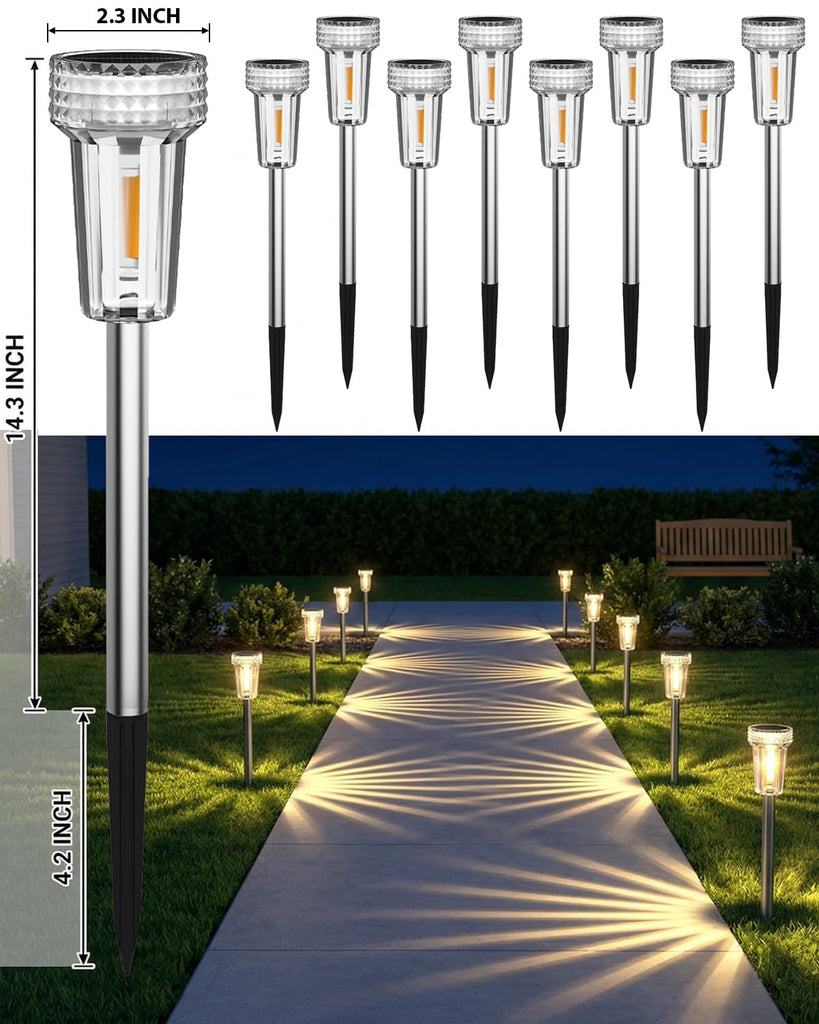 12 Pack Solar Pathway Lights Outdoor, Solar Powered Garden Lights Auto On/Off, Waterproof Stainless Steel Pole