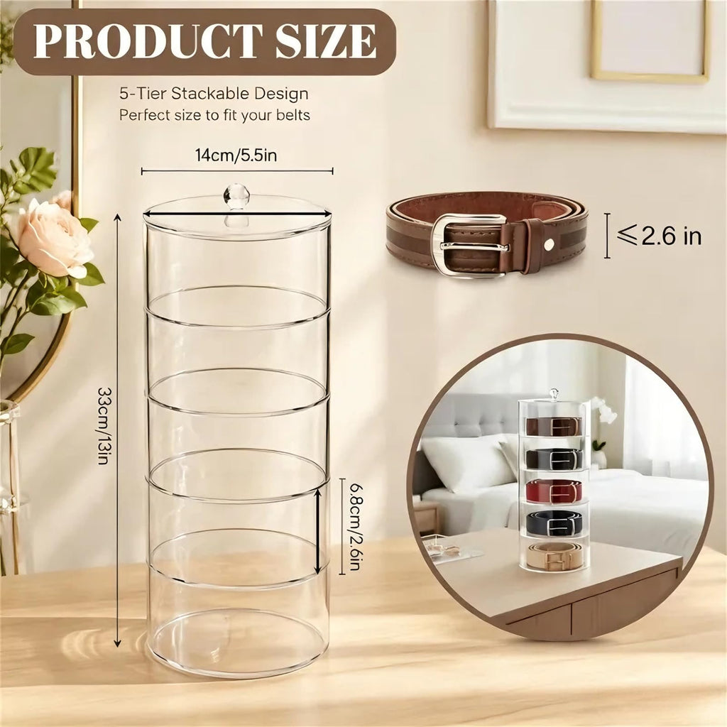 5 Layers Acrylic Belt Organizer, Stackable Belt Storage Box Clear Display Case Vanity Organizer for Watch, Hair