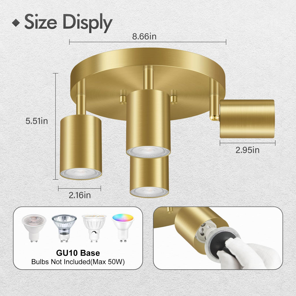 LED 4 Light Track Lighting Kit, LED Track Lighting Fixtures, Gold Round Ceiling Spot Lighting, Flexibly Rotatable
