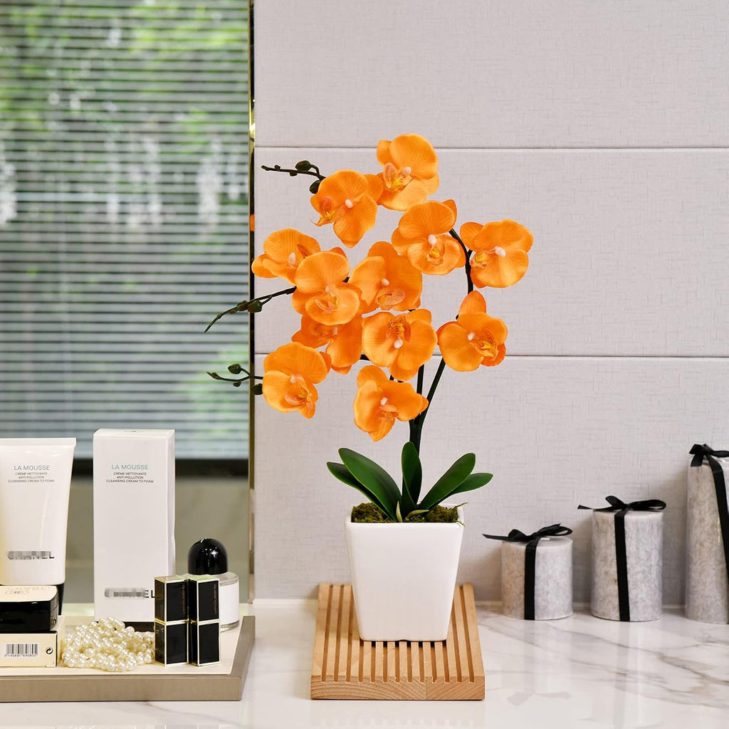 15" Silk Phalaenopsis Orchid in Square Pot, Orange Flower Plant Arrangement