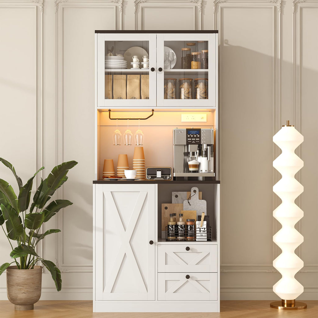 71" Tall Coffee Bar Cabinet with Storage Hutch, Farmhouse Kitchen Pantry Cabinet with LED Lights Microwave Stand and