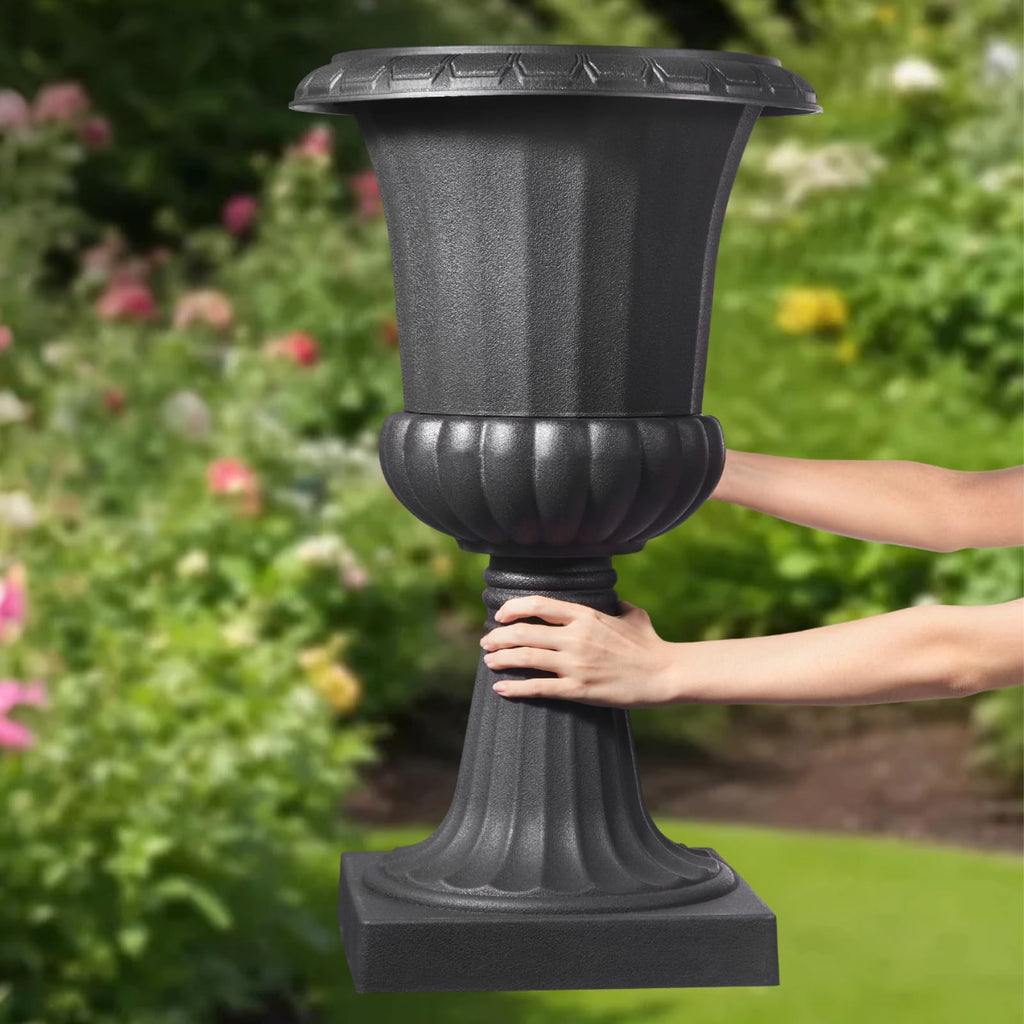 Plastic Urn Planters, 15.8 x 26.4 Inch, 2 Pack Black Classic Flower Pots Front Porch Planters, Indoor & Outdoor Vase