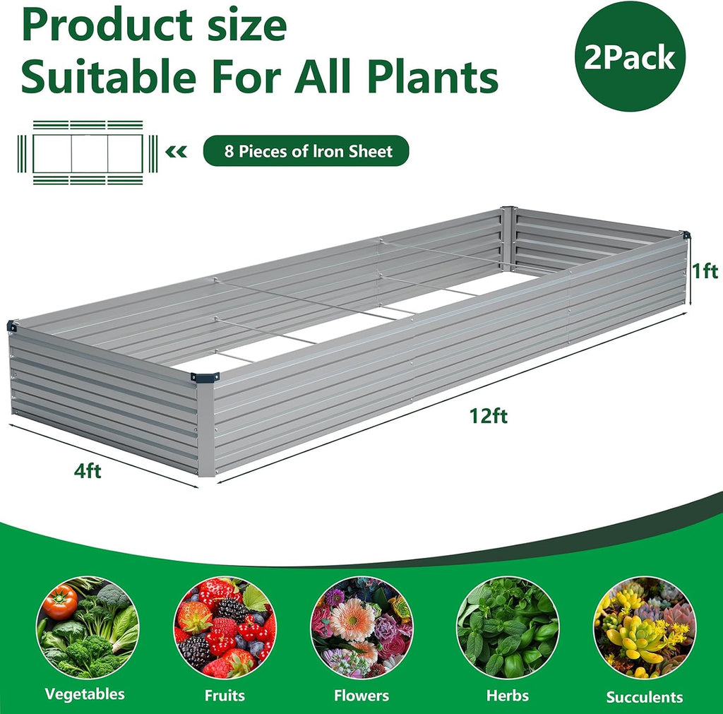 2PCS 12x4x1ft Galvanized Raised Garden Beds Kit,Planter Box Silver | Galvanized Steel, Rectangular Metal Planter