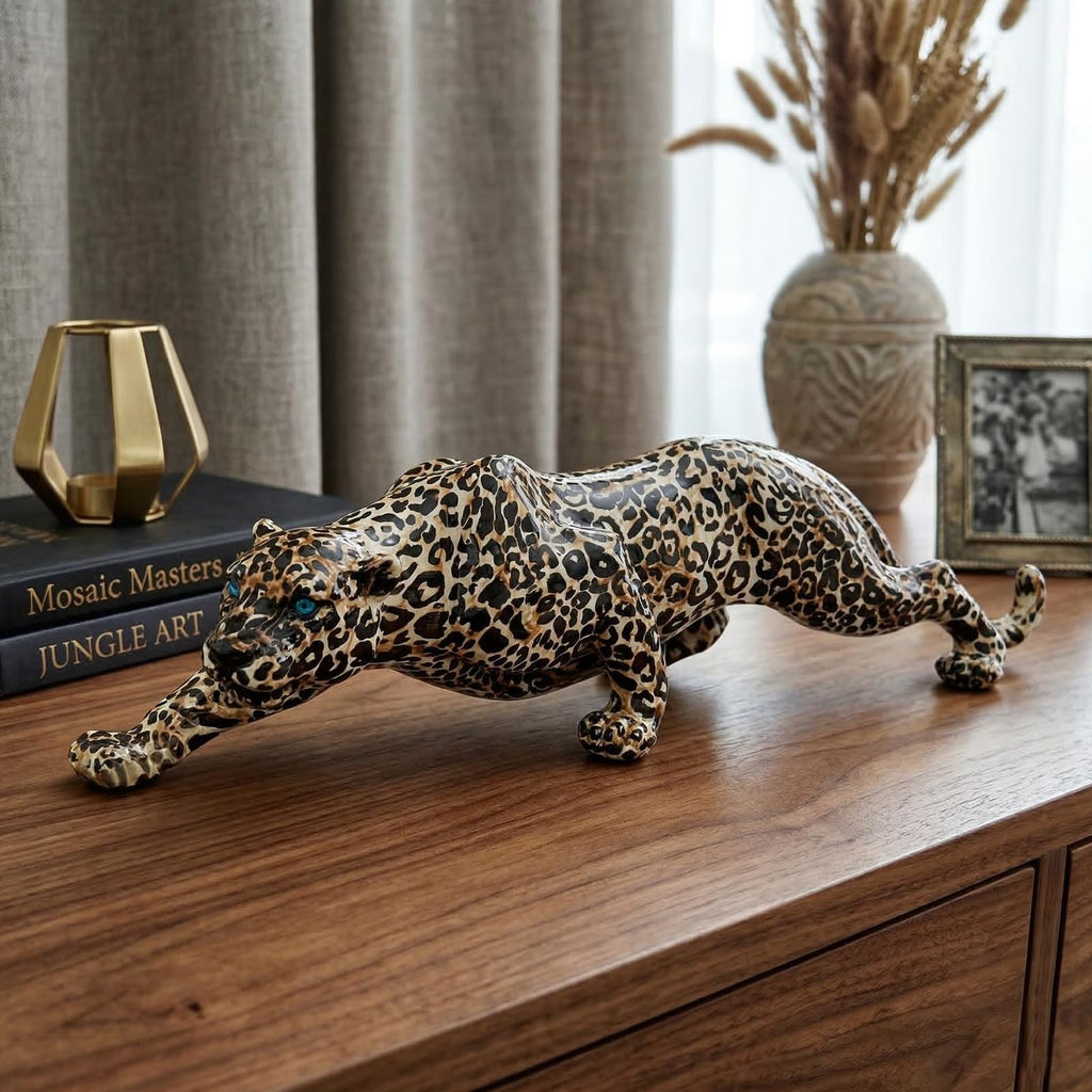 Modern Leopard Statue Home Decor - 15.4" Long Safari Animal Sculpture Figurine - Elegant Cheetah Panther Accent Desk