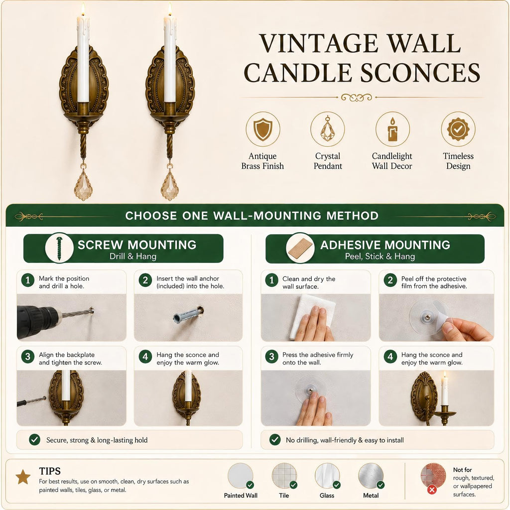 Vintage Wall Candle Sconces Set of 2, Antique Brass Victorian Wall Sconces