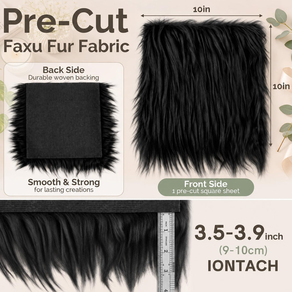 10 x 10 Inch Faux Fur Fabric, Shaggy Craft Fur (Black)