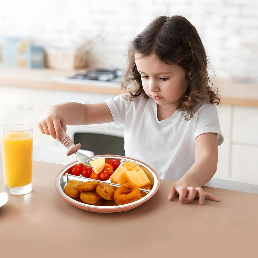 3 Pack Stainless Steel Toddler Plates with Suction, Divided Plates with Removable Silicone Sleeve for Babies &