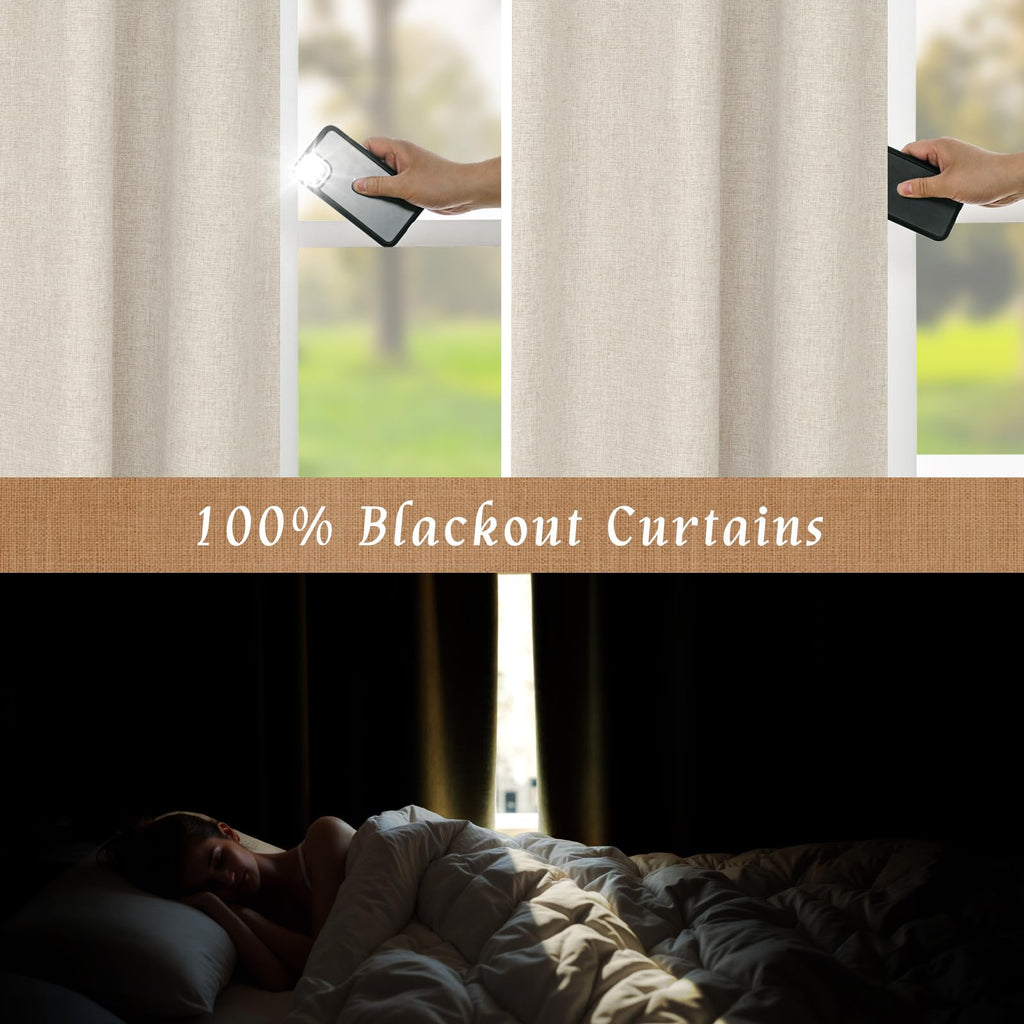 100% Blackout Linen Bedroom Curtains 63 Inches Long 2 Panels