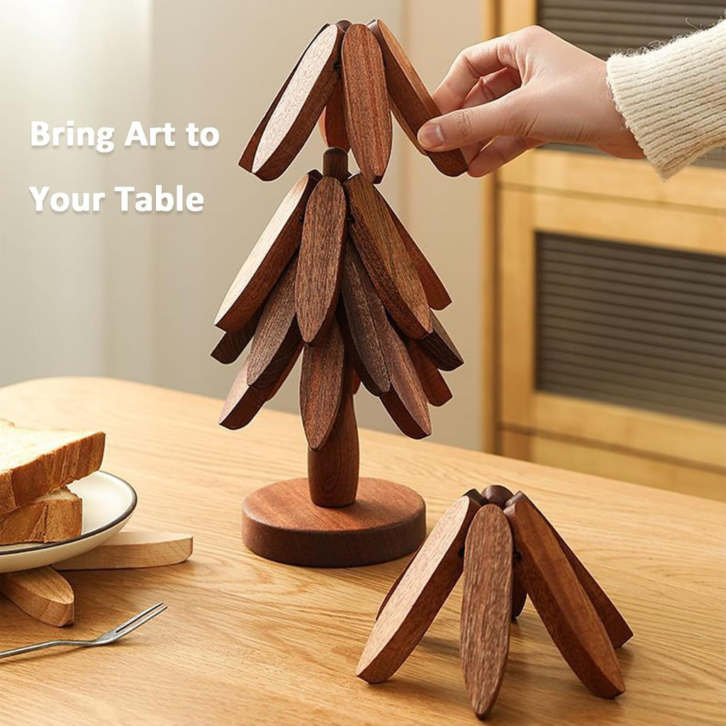 Natural Tree Trivet Set, 3/4/5 Wooden Trivets & 1 Stand Like a Christmas Tree, for Hot Pots and Dishes & Cup (Walnut