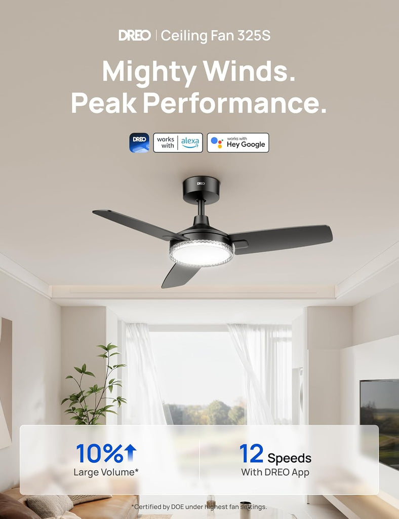 Smart Ceiling Fans with Lights, 42 Inch Black Ceiling Fan, 12 Speeds & 3 Fan Modes, Stepless Color Tones