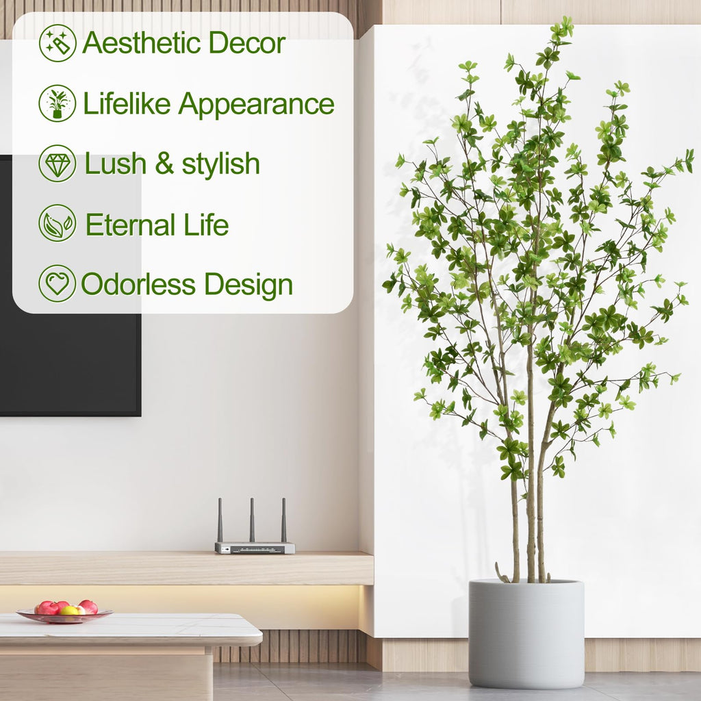 Artificial Enkianthus Tree 6ft Tall Fake Plant with Lifelike Leaves and Trunk - Large Indoor Floor Plant in White Pot