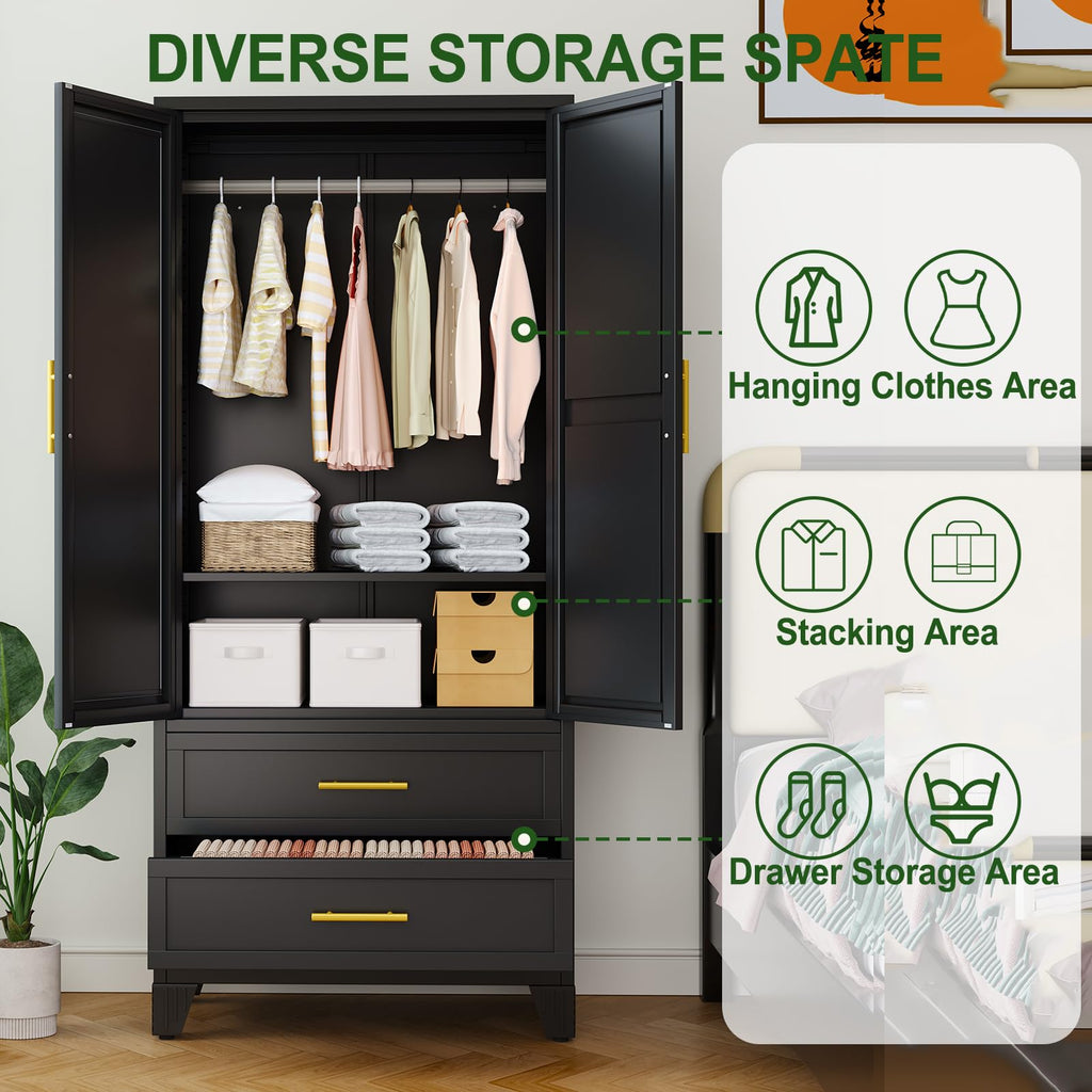 Metal Armoire Wardrobe, 71" Tall Bedroom Closet with Mirror and 2 Drawers