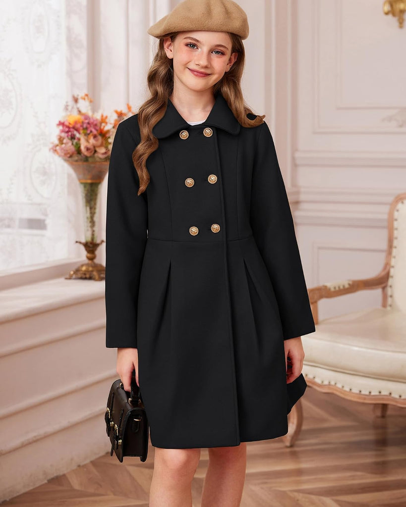 Girls Dress Coat Wool Peacoat with Lapel Pockets Winter Warm Long Jacket for Kids