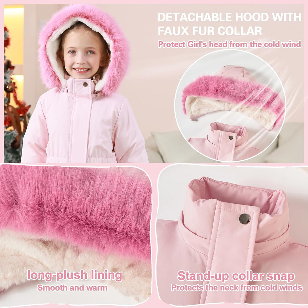 Girls Winter Coat Long Puffer Jacket Outwear Warm Quilted Coats Parka Kids Removable Hood Fleece Inner