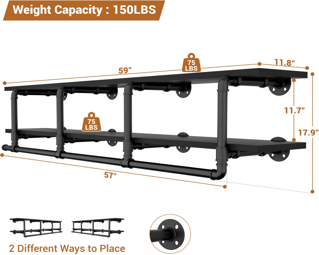 Industrial Pipe Clothing Rack, Wall Mounted Closet Shelf with Rod