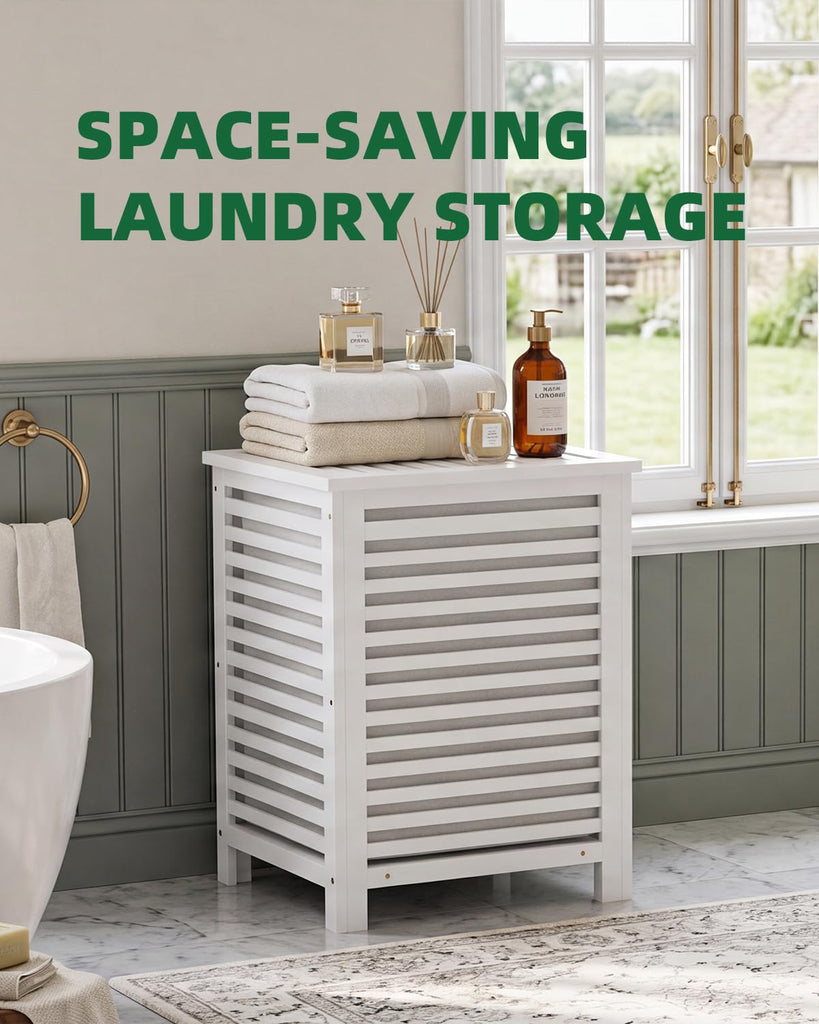 Double Laundry Hamper with Lid, 120L Bamboo Laundry Basket with Removable Liner Bag, 2-Section Clothes Divider